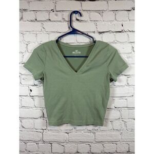 Hollister Baby Tee V-Neck Ribbed Crop Top Olive Green‎ T-Shirt XS